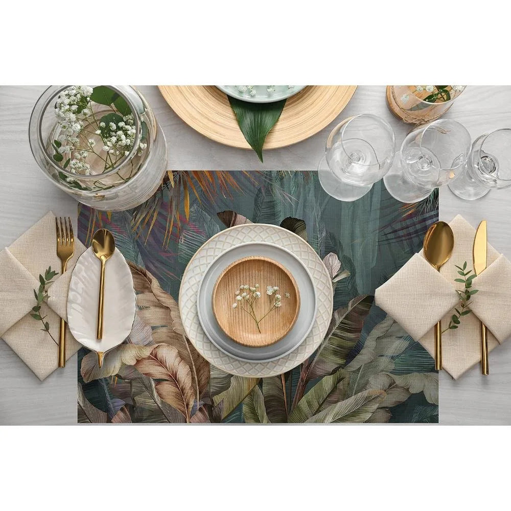 Tropikal Yaprak Desenli Şık Sofra Servis Takımı – 4’lü Set 30x50 cm