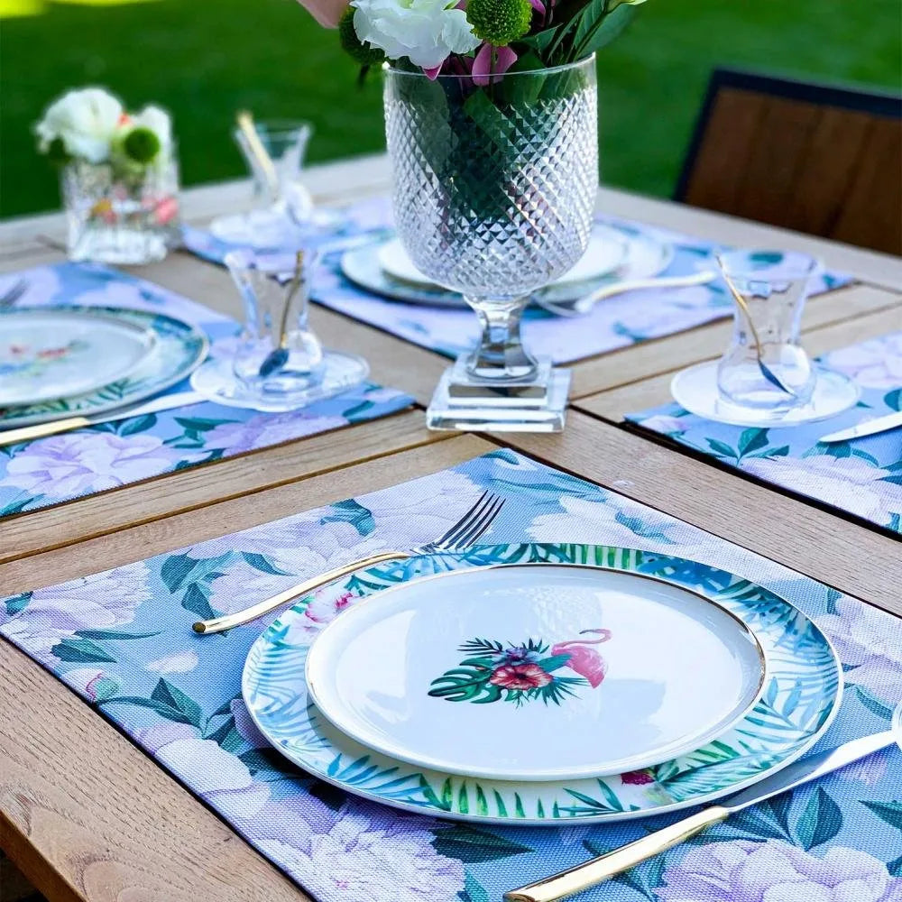 Blue - White Rose Kumaş Amerikan Servis 4'lü Set - 35X50
