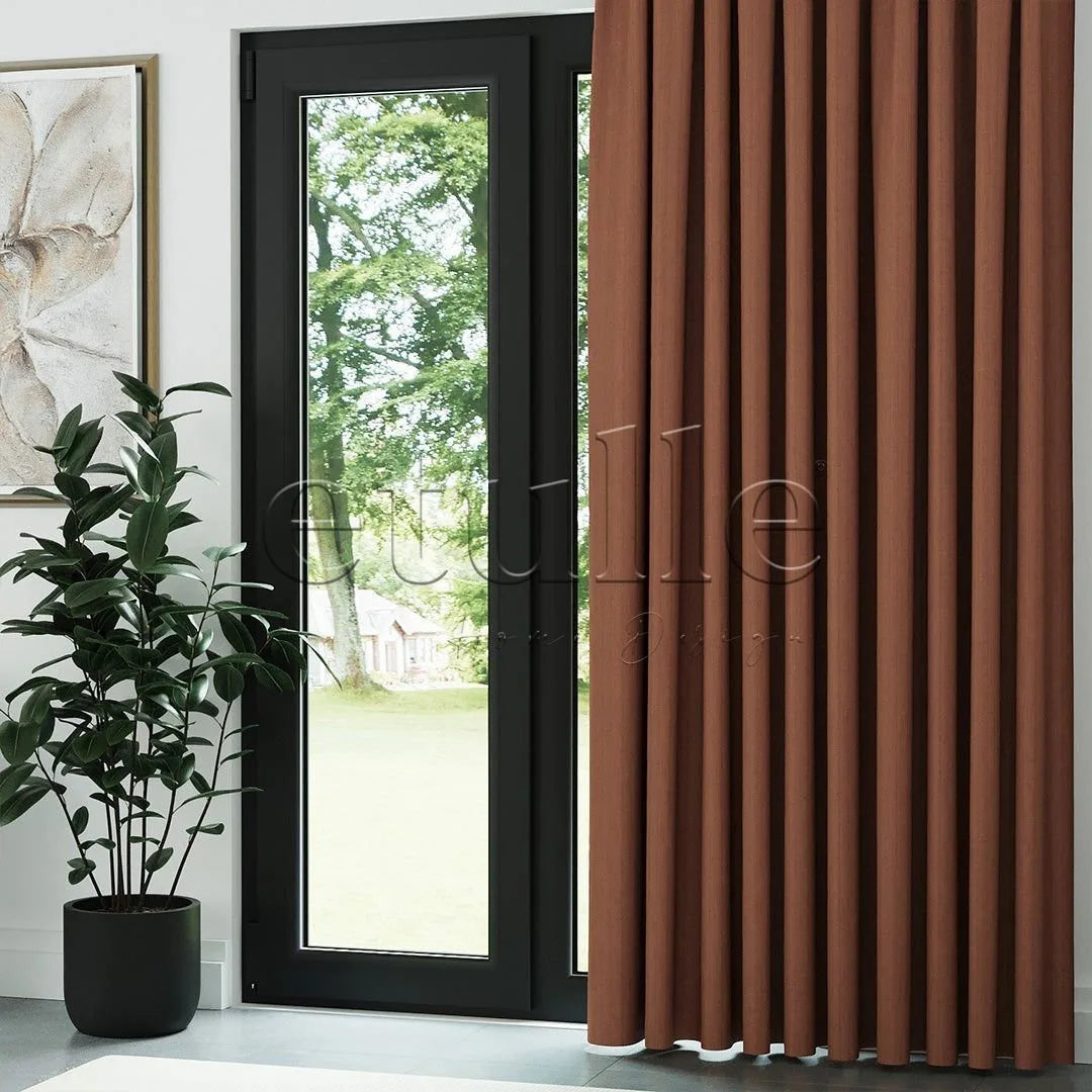 Koyu Turuncu Keten Desen Efekli Dökümlü Fon Perde | Ezri