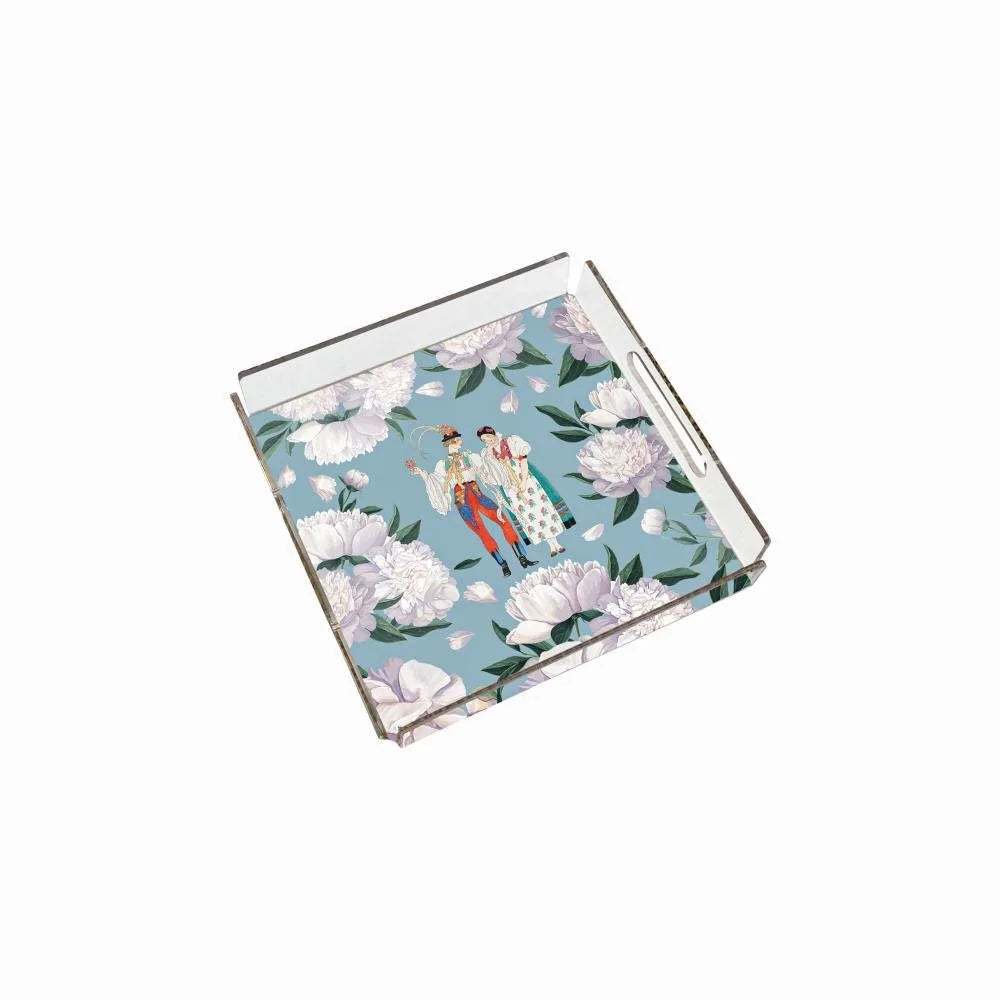 Blue - White Rose Pleksi Tepsi - PT2106 - 25x25cm