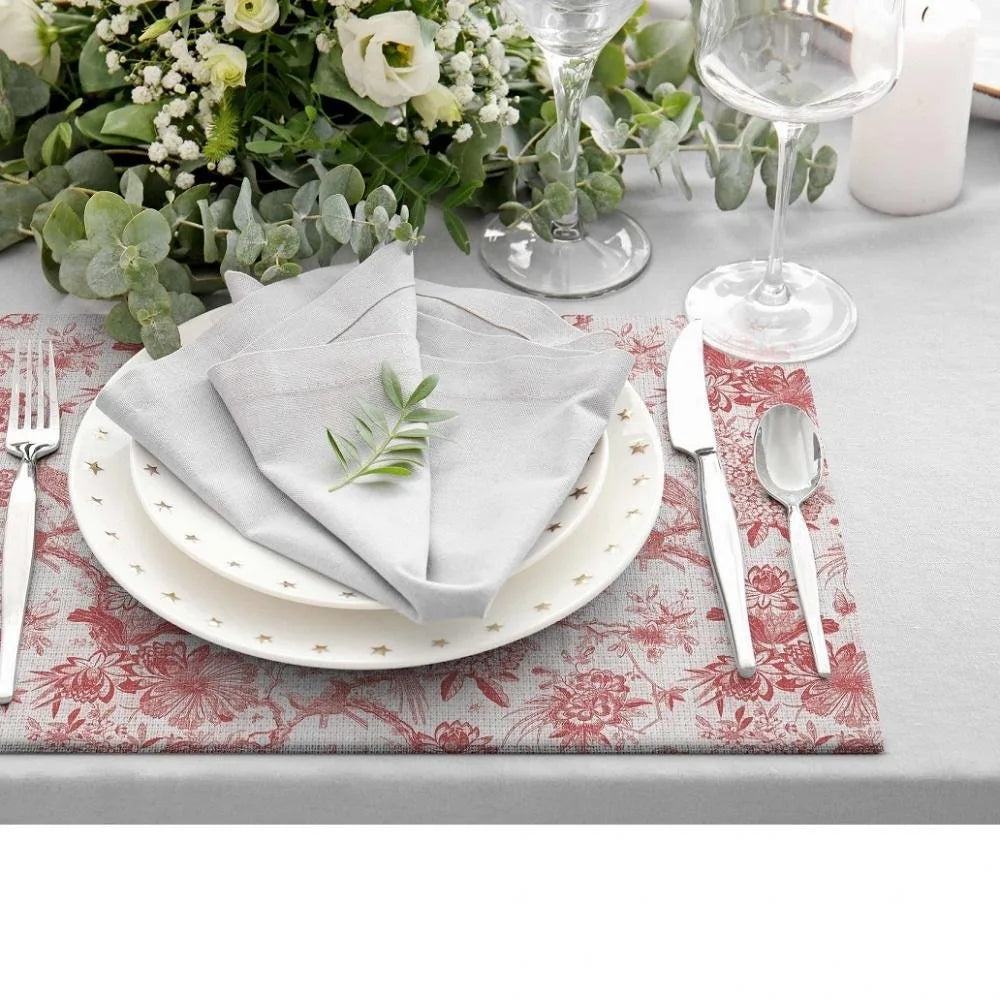 Romantik Desenli Kırmızı Kuş ve Çiçek Motifli Amerikan Servis Seti - 4'lü Set (30x50 cm)