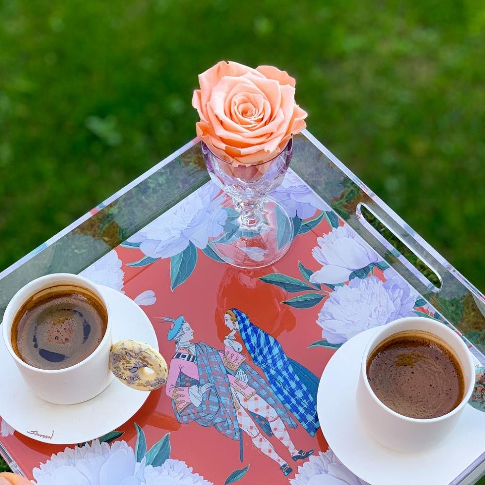 Red - White Rose Pleksi Tepsi - PT2105 - 25x25cm - Görsel 3