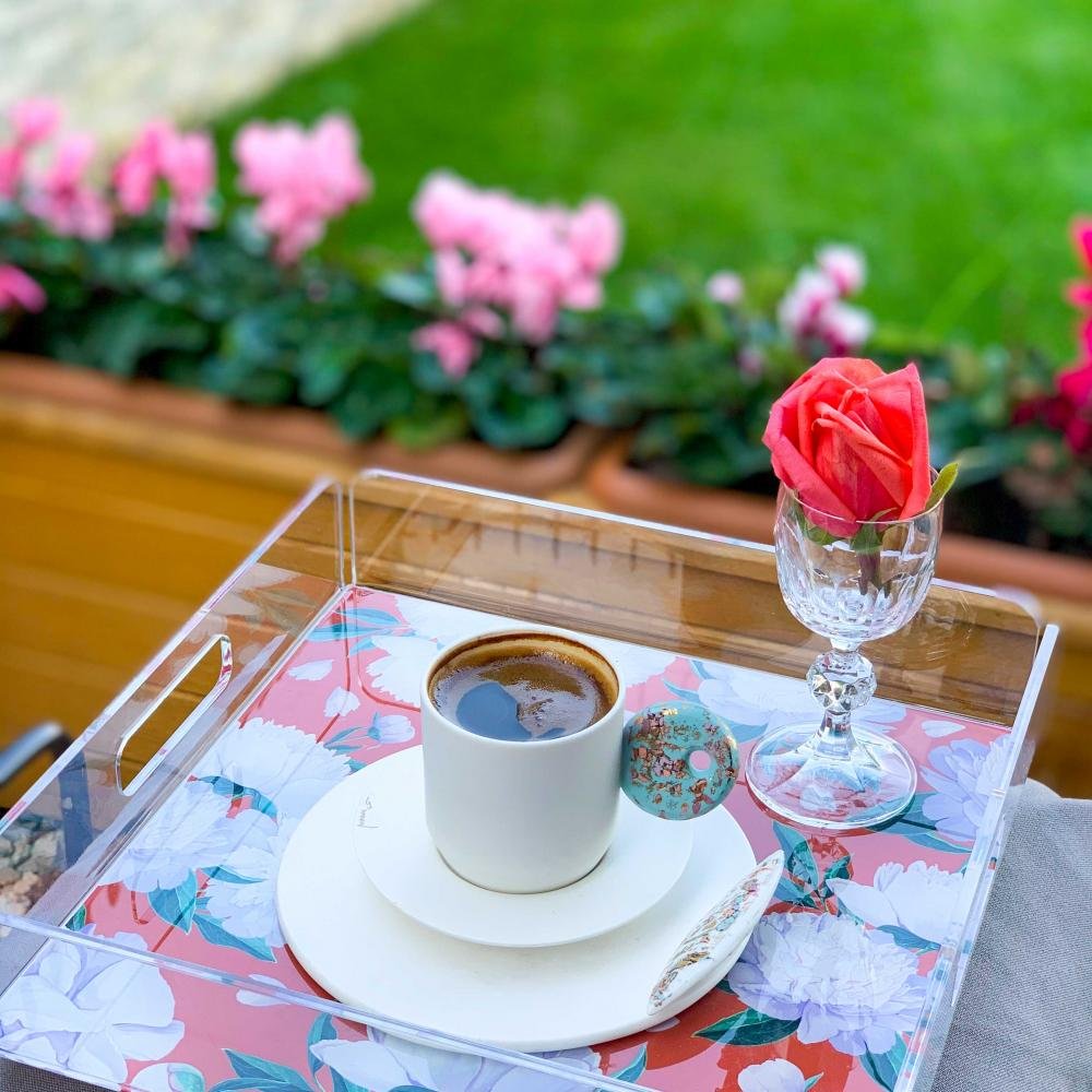 Red - White Rose Pleksi Tepsi - PT2105 - 25x25cm - Görsel 4