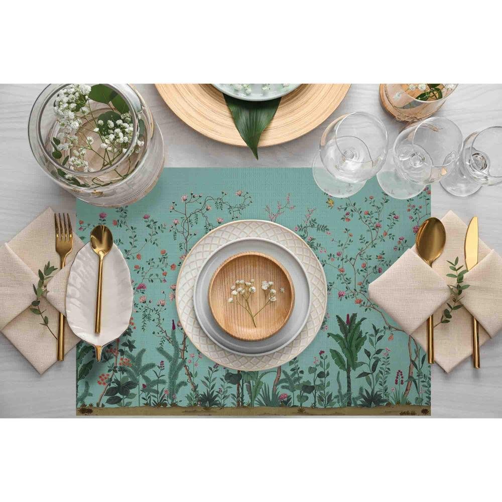 Turkuaz Renkli Çiçek Tasarımlı Kumaş Amerikan Servis 4'lü Set 35X50CM - Görsel 2