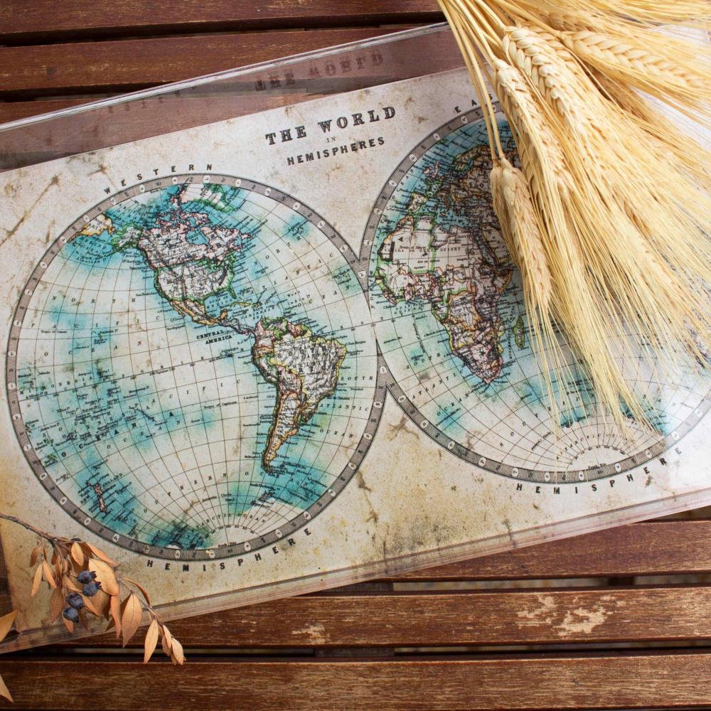 Vintage Dünya Haritası Pleksi Tepsi - PT2118 - 40x24cm - Görsel 3